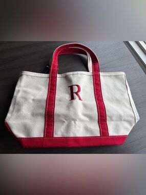 L.L. Bean Canvas Tote Bag in Cream and Red with Monogram R